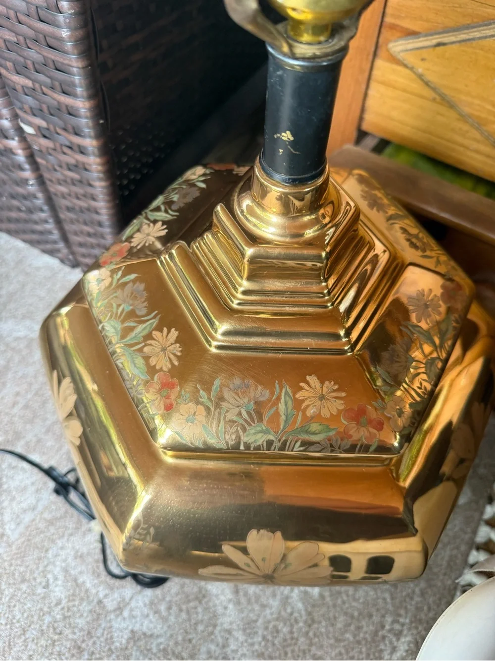 Vintage Solid Cast Brass Chinoiserie Ginger Jar Table Lamp hand painted flowers